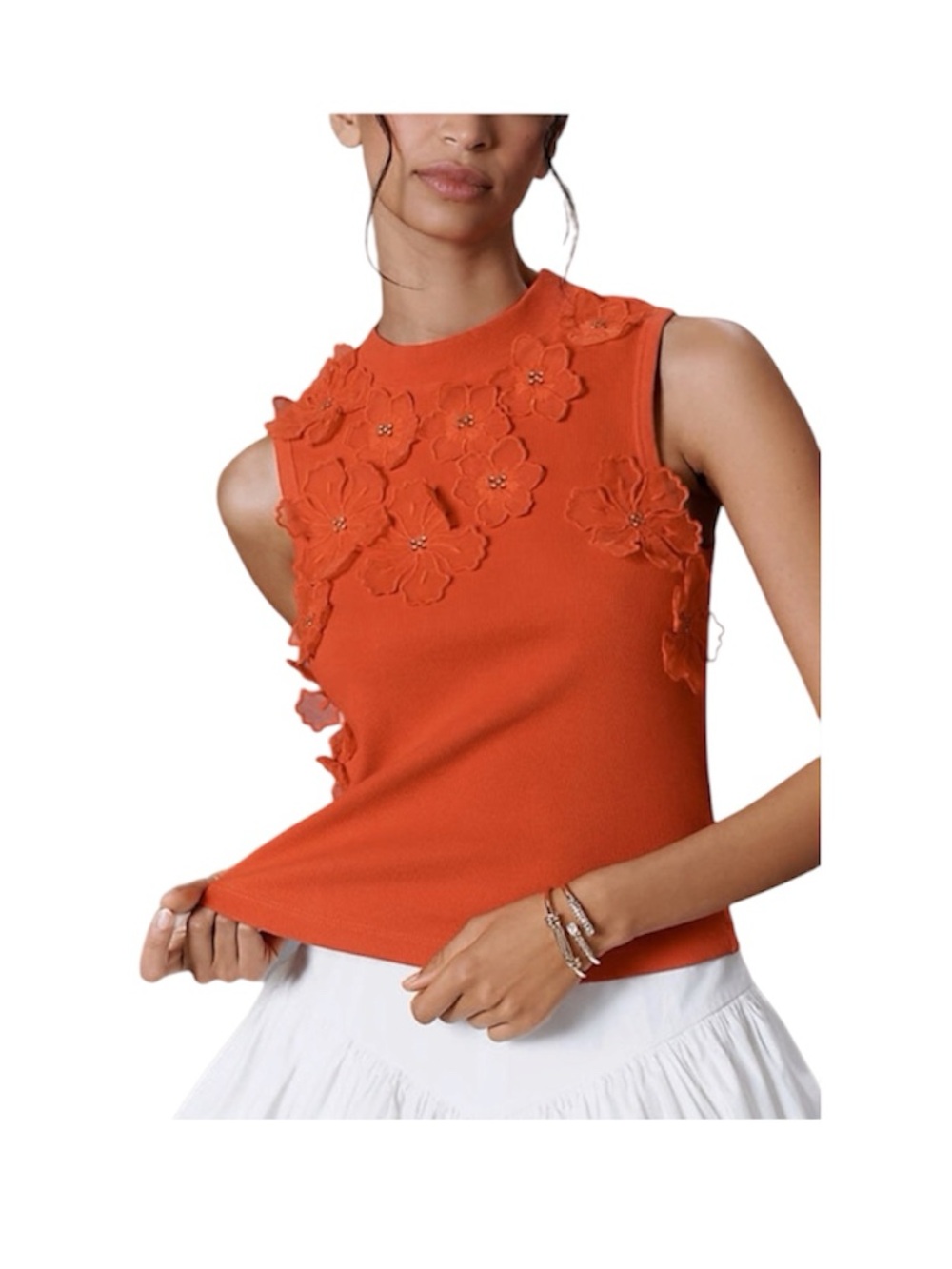 Anthropologie Sleeveless 3D Floral Appliqué Top Coral Orange Ribbed Tank Small